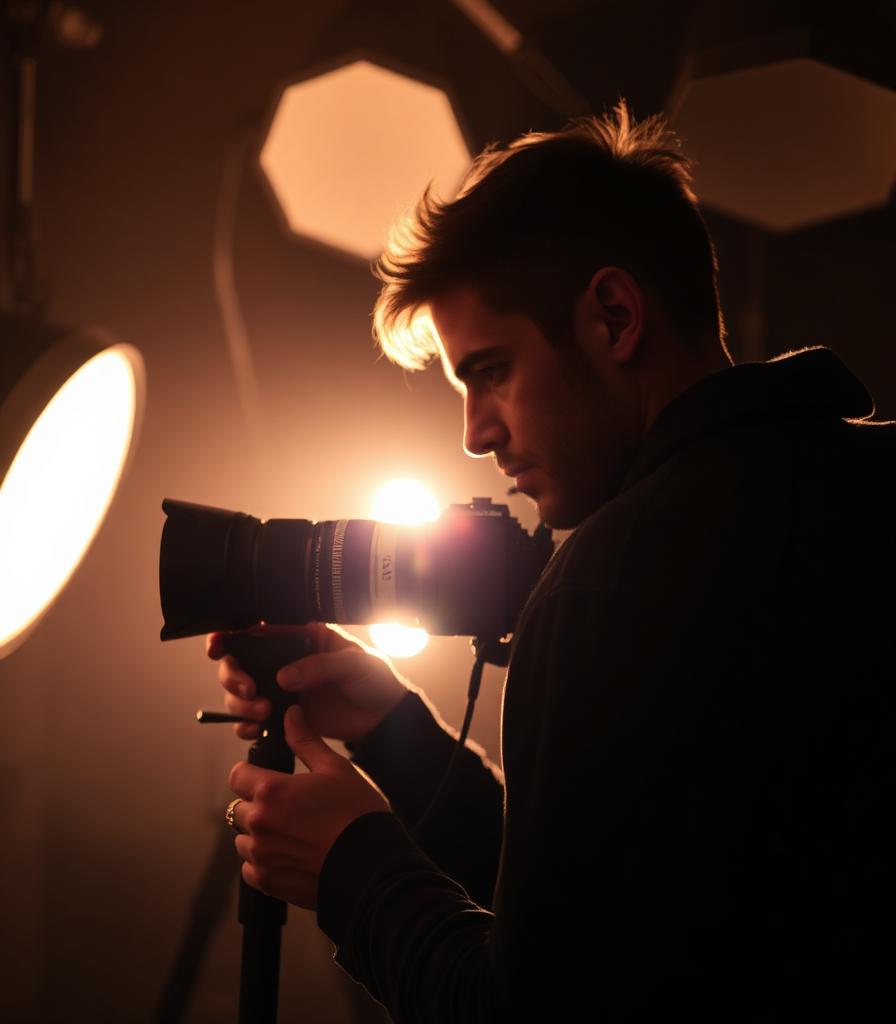 Copenhagen portrait photographer Savvy at work in a dark studio